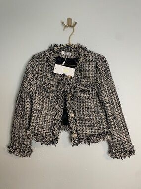 LUSA Paris Black/Cream/Gold Tweed Frayed Edge Cropped Blazer